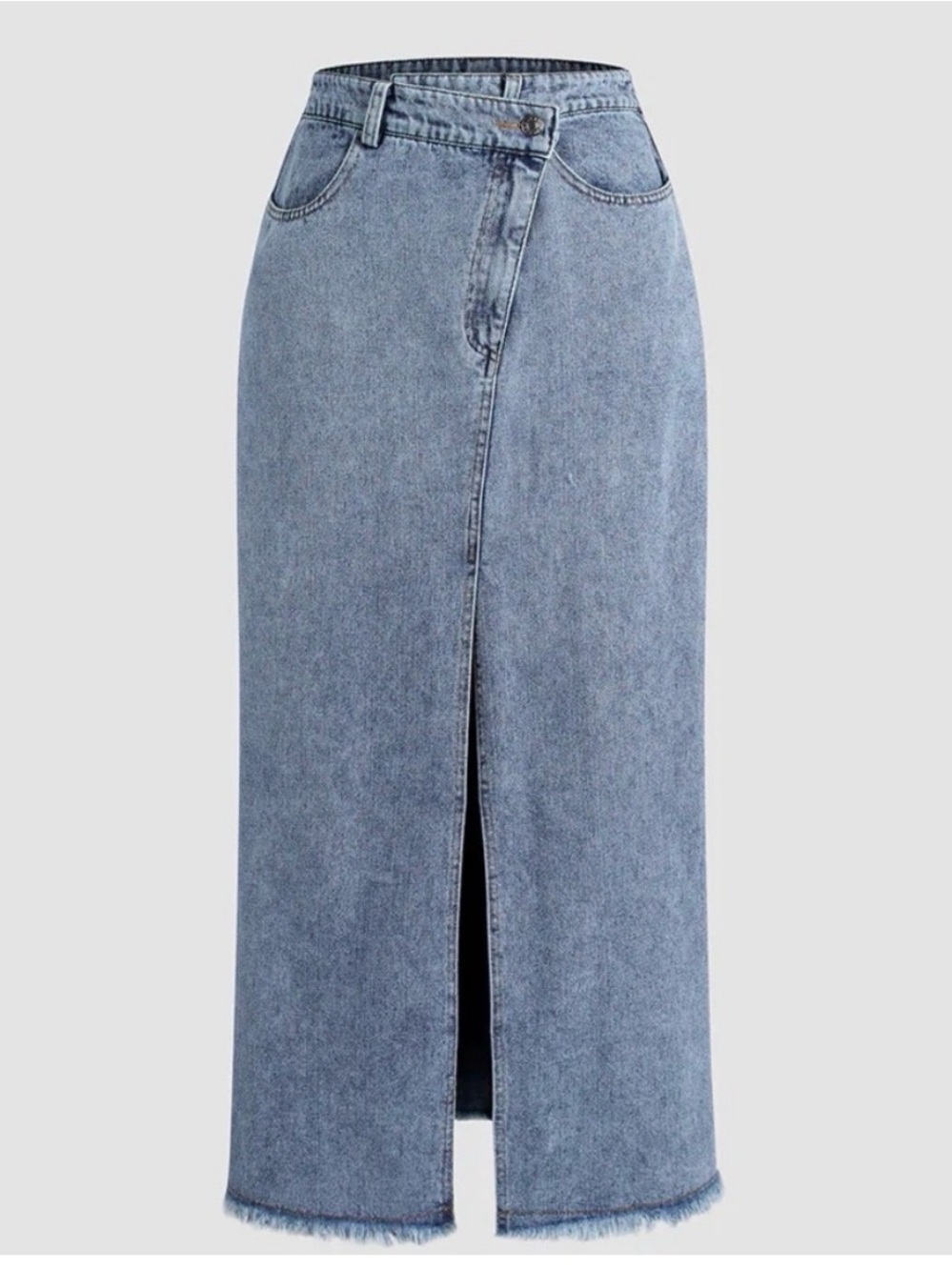 Commense Light Blue Denim Maxi Skirt with Center Front Slit and Raw Hem
